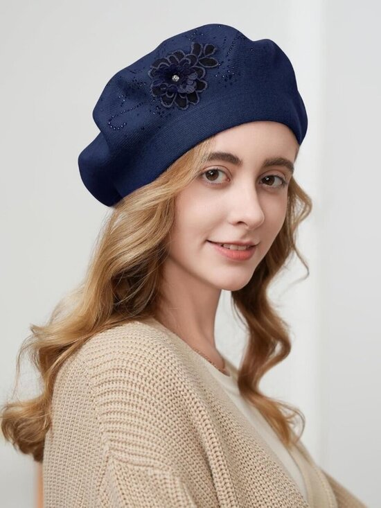 Women\'s French Style Flower Knitted Embroidery Beret Hats Navy Blue main image 4